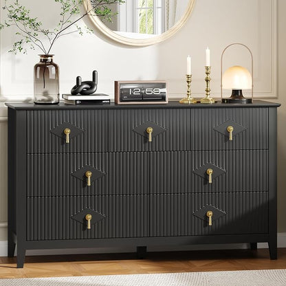 GarveeHome Fluted Dresser for Bedroom, 54 Inch Wide 7-Drawer Wood Dresser, Modern Chest of Drawers, Storage Organizer Cabinet for Living Room, Hallway, Entryway, Black