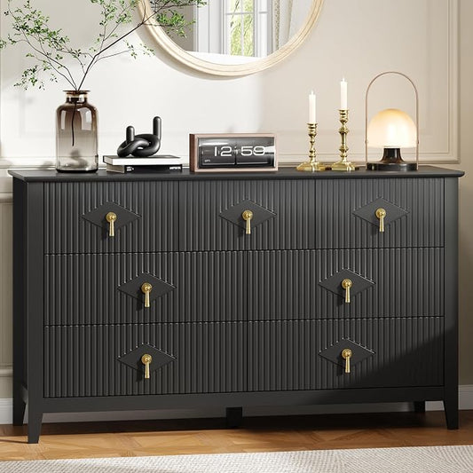 GarveeHome Fluted Dresser for Bedroom, 54 Inch Wide 7-Drawer Wood Dresser, Modern Chest of Drawers, Storage Organizer Cabinet for Living Room, Hallway, Entryway, Black