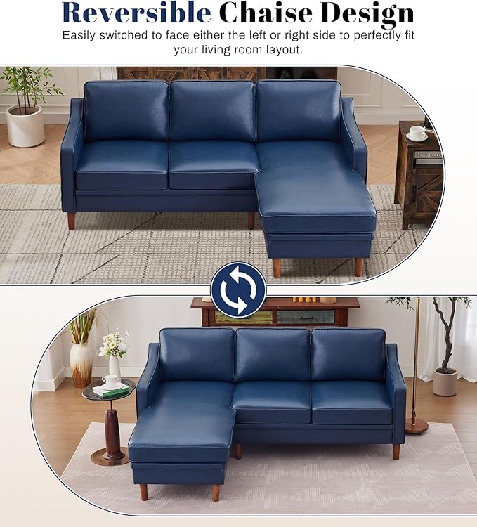 Kingfun 88" L-Shape Sofa, Faux Leather Sectional Couch, Mid Century Modern Couches with Solid Wood Frame for Living Room Bedroom