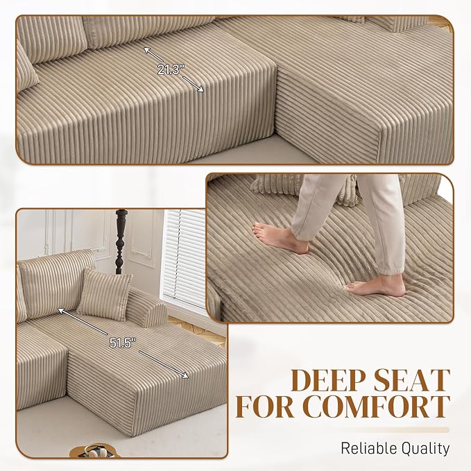 110" L Shaped Boneless Sectional Couches for Living Room, Comfy Corduroy Floor Cloud Sofa with Chaise, Wide Armrest, Deep Seat, Memory Foam, Assembly Free, Ideal for Small Spaces, Brown
