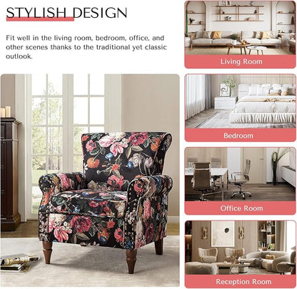 HULALA HOME Modern Wingback Accent Chair with Wood Legs & Removable Cushion, Comfy Upholstered Armchair with Nailhead Trim, Floral Pattern Single Sofa Chair for Living Room Bedroom, Black
