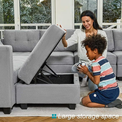 Belffin Modular U Shaped Sectional Sofa Couch with Reversible Chaises 6-seat Sectional Couch with Storage Seat Modular Sectional Set with Ottomans Light Grey