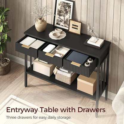MAHANCRIS Console Table with 3 Drawers, Narrow Long Entry Table with Storage Shelf, 2-Tier Fluted Entryway Table, for Entryway, Living Room, Foyer, Hallway, Office, Black and Gold CTHB5201