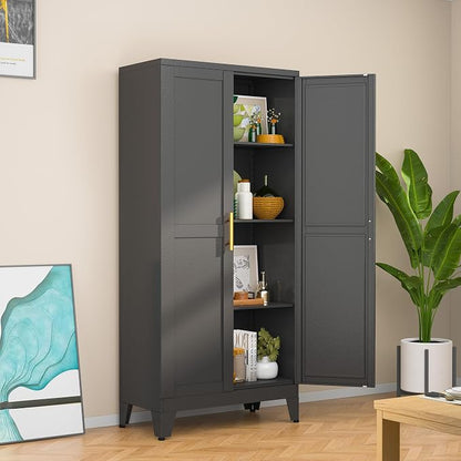 Black Metal Storage Cabinet, 48" Steel Cabinets for Home Office | Kitchen Pantry Storage Cabinet with Doors and 3 Adjustable Shelves, for Office, Home, Garage, School