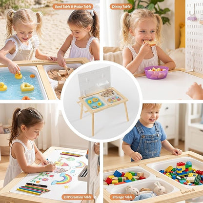 Easyego Sensory Table for Toddlers Kids Play Wooden Sand Water Table with Can DIY Creation Pegboard & Foldable Storage Bins for Indoor and Outdoor Use,Birthday Gifts for Boys and Girls - Natural Color