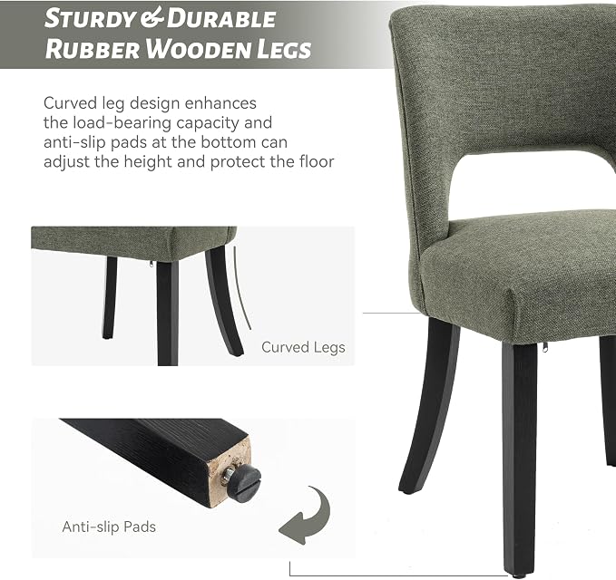 VKNOW Wooden Dining Chairs Set of 6, Modern Fabric Upholstered Dining Room Chair Kitchen Chairs, Farmhouse Dinner Chair for Kitchen Dining Room, Green-Black Legs