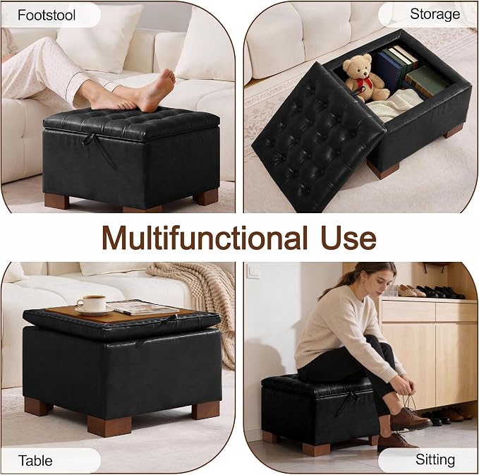 WUTUTUEE 24" Faux Leather Square Storage Ottoman with Wooden Tray, Modern Tufted Button Footstool Coffee Table, Upholstered Small Ottoman for Living Room, Bedroom, Black