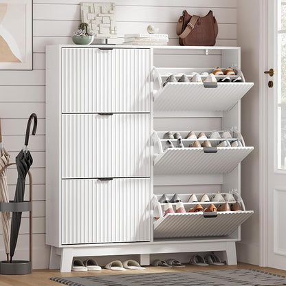 HUANLEGO Shoe Cabinet Storage for Entryway with 6 Flip Drawers, Fluted Narrow Shoe Organizer with Wooden Legs, Freestanding Slim Shoe Storage Hidden Shoe Rack Organizer for Front Door Entrance, White