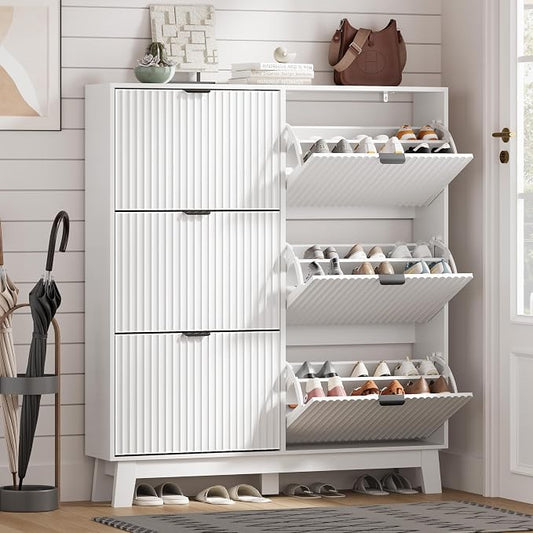 HUANLEGO Shoe Cabinet Storage for Entryway with 6 Flip Drawers, Fluted Narrow Shoe Organizer with Wooden Legs, Freestanding Slim Shoe Storage Hidden Shoe Rack Organizer for Front Door Entrance, White