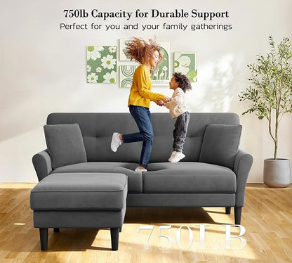 Kidirect Small Sectional Couch, 69" L Shaped Couch, Sectional Sofa, Grey | Comfy Velvet Couch, Tool-Free Setup, 750lb Max Load, Movable Ottoman, Ideal for Living Room, Bedroom, Apartment, Office