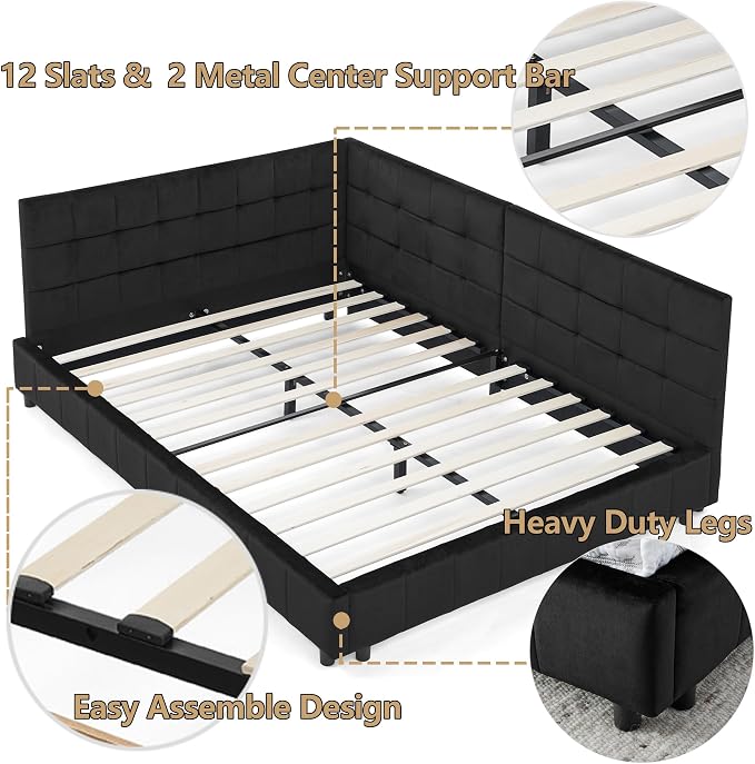 Bellemave Full Size Corner Bed Frame with Comfortable Backrest and Armrests, Velvet Tufted Corner Bed Frame Full Size, Upholstered Daybed for Bedroom, Living Room, Guest Room, Black
