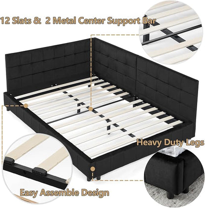 Bellemave Full Size Corner Bed Frame with Comfortable Backrest and Armrests, Velvet Tufted Corner Bed Frame Full Size, Upholstered Daybed for Bedroom, Living Room, Guest Room, Black