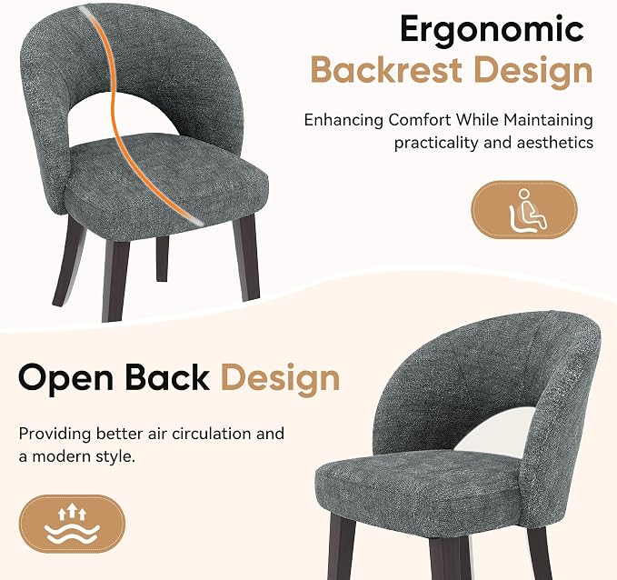 Dining Chairs Set of 6, Mid Century Modern Dining Chairs with Solid Wood Legs, Curved Back Kitchen Chair Farmhouse Side Upholstered Chairs for Kitchen Dining Room, Gray