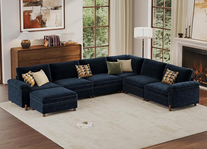 SITJOY Large Cloud Couch, 138" Wide 6 Seater U Shape, Chenille in Navy Blue | Detachable and Washable Chenille Cover Sectional Sofas for Living Room, Deep Seat Wide Couch with Chaise, Storage Ottoman