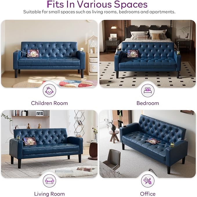 TYBOATLE 62" W Leather Loveseat w/ 2 USB and 2 Cupholders, Mid-Century Modern Tufted Small Love Seat Couches for Office, Living Room, Bedroom, Dorm (1, Blue)
