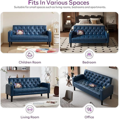 TYBOATLE 62" W Leather Loveseat w/ 2 USB and 2 Cupholders, Mid-Century Modern Tufted Small Love Seat Couches for Office, Living Room, Bedroom, Dorm (1, Blue)