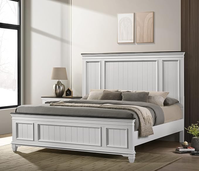 Roundhill Furniture Clelane 3-Piece Wood Bedroom Set, Bed and 2 Nightstands, Weathered White, King