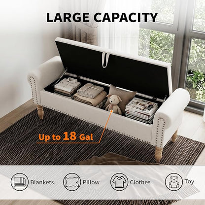 Storage Bench for Bedroom, 60" End of Bed Bench Premium Linen Upholstered Storage Ottoman, Entryway, Closet, Beige