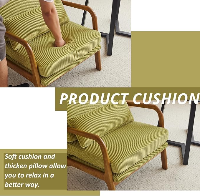 Karl home Accent Chair High Back Mid-Century Modern, Green | Corduroy Upholstered, Walnut Color Solid Rubber Wood Frame, Soft Cushion with Pillow, For Living Room, Bedroom, Balcony