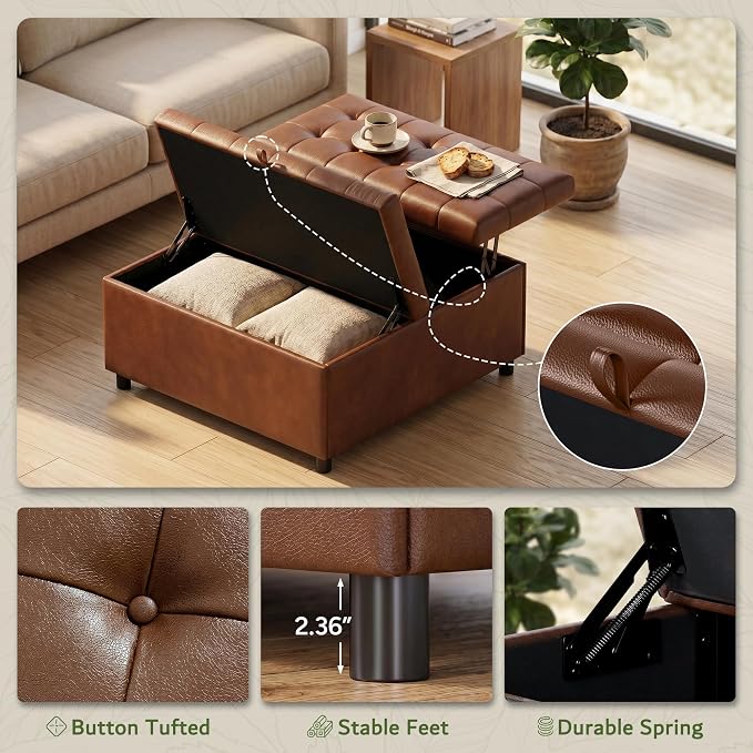 Brown Leather 36 Inch Extra Large Lift Top Living Room Storage Ottoman | LINLUX Tufted Upholstered Shoe Storage Entry Bench, Bed Benches For Foot Rest, Lift Footrest For Dorm Bedroom Office