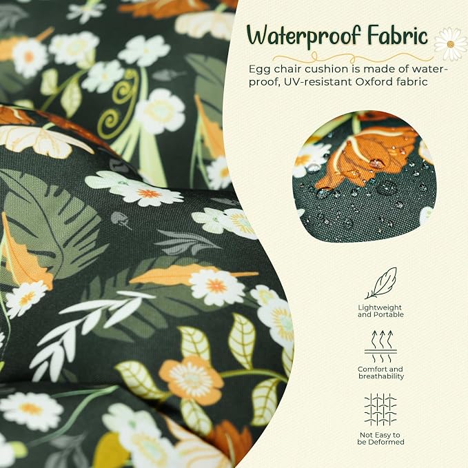 Double Egg Chair Cushion Replacement Waterproof for Outdoor Patio Hanging Basket Egg Chairs Cushion, 59x43-Inch Thickened Cotton Large Double Eggs Swing Chair Cushions, Black Peony