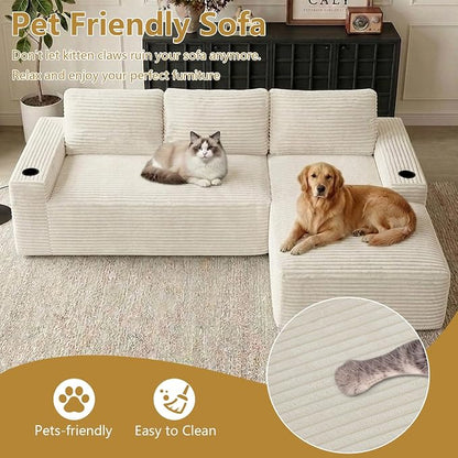 104" Cloud Sectional Couch L-Shaped with Side Pockets Cup Holders, Corduroy Boneless Couch for Living Room,Upholstered Deep-Seat Modular Sectional Sofa,No Assembly Required (White,Right Facing Chaise)