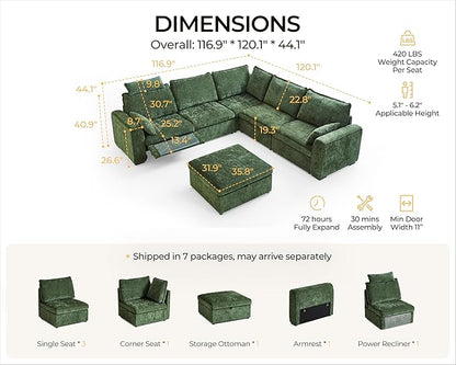 Oversized Modular Sectional Sofa with Power Recliner, Plush Cloud Couch with Headrest, Convertible Deep L-Shaped 6 Seater with Corner and Storage Ottoman, Chenille, Green