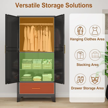 Metal Armoire Wardrobe Closet Storage Cabinet with 2 Doors Black, 71'' Wardrobe Cabinet with Hanging Rod Metal Closet with Adjustable Shelf and Drawer for Bedroom, Laundry Room, Cloak Room