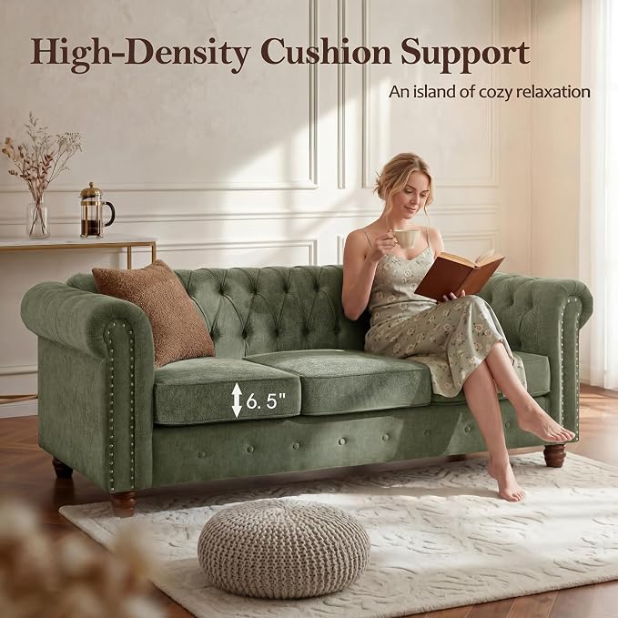 Modern Chesterfield 2-Piece Chenille Sofa & Loveseat Combo, Tufted Couch and Love Seat with Rolled Arms Nailhead Trim and Solid Wood Legs Traditional Upholstered Sofa Set for Living Room Home Green
