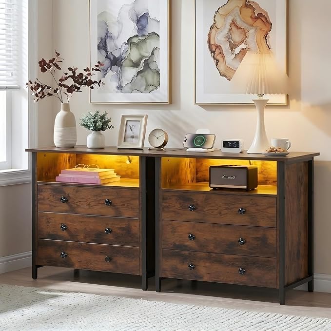 27 Inch Wide Nightstand Set of 2 with Charging Station, Large Nightstand Set 2 with 3 Wood Drawers & LED Lights, Big Bedside Table with Open Shelf for Bedroom, Guest Room, Office, Retro.