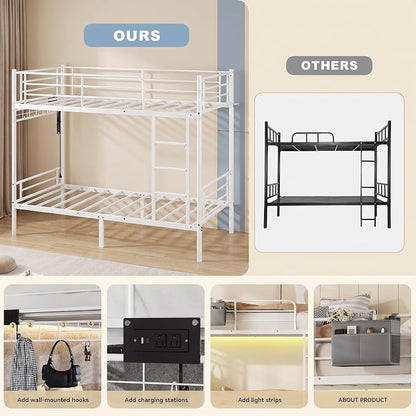 Bunk Bed,Bunk Bed Twin Over Twin with LED Lights and Charging Station | Heavy Duty Metal Bunk Bed Frame with Guardrails and Ladder,Space Saving Bunk Beds for Teens Dorm Bedroom,White