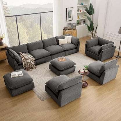 Iroomy Cloud Couch Sectional, Oversized Chenille Modular Sofa, Deep Comfy Seat, 8-Seater Sofas Couches for Living Room, Dark Grey