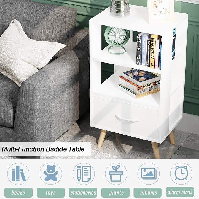 Aenuert Night Stand, White Nightstand with Drawer, Side Table with Open Storage, 3-Tier Modern End Table, Bedside Table for Small Space, Living Room, Bedroom