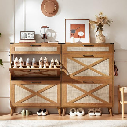 LEYAOYAO Shoe Cabinet Storage for Entryway with 2 Flip Drawers Rack Narrow Organizer Slim Hidden Wood Shoe Cabinet Furniture Tea Brown
