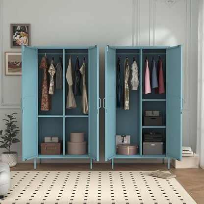 Lockable Closet Metal Wardrobe 67" Blue 2 Door Wardrobe Bedroom Storage Cabinet Adjustable shelf Multi functional metal Storage Cabinet with hanging rail for domestic use 18.1" D x 31.5" W x 67" H