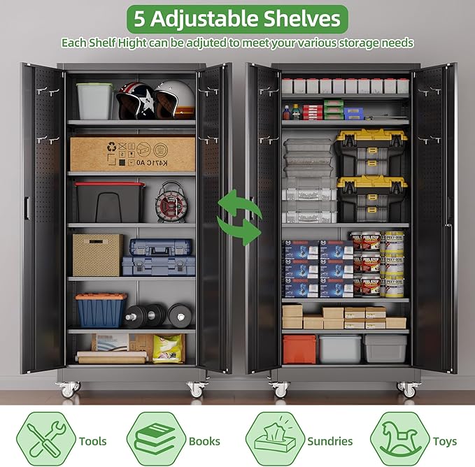 Metal Garage Storage Cabinet with Wheels, Lockable Steel Organizer with Pegboard Doors & 5 Adjustable Shelves for Garage, Warehouse, 71x32x16 Inches, Black, Assembly Required