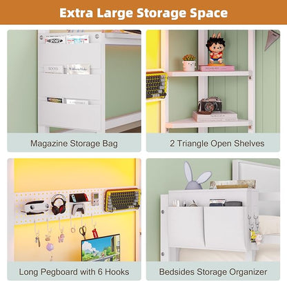 Dnxao Twin Size Loft Bed with Desk, Anti-Wobble Heavy Duty Metal Frame with DIY Pegboard & 6 Storage Drawers, LED Lights, Charging Station with Type-C, Space-Saving Workstation for Kids Teens, White