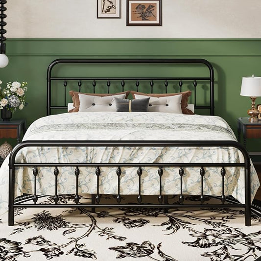 SHA CERLIN King Size Metal Platform Bed Frame with Victorian Style Iron-Art Headboard and Footboard, Easy Assembly, Under Bed Storage, No Box Spring Required, Black