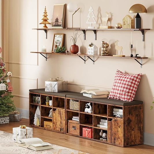 DINZI LVJ Long Wall Shelves, 47.3Inch Floating Shelves Set of 2, Extra Large Wall Storage Ledges with Sturdy Metal Brackets for Living Room, Bathroom, Bedroom, Kitchen, Rustic Brown