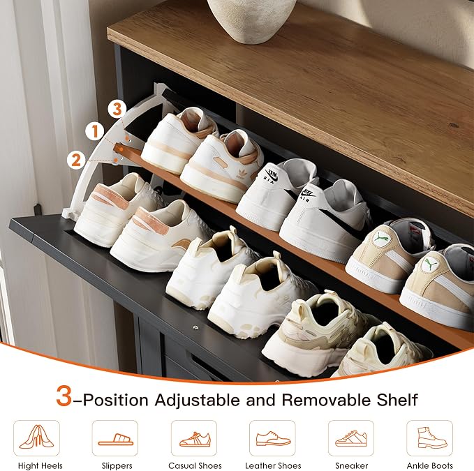 Nicetree Barn Door Shoe Cabinet for Entryway, 3 Flip Drawers Ultra Slim Shoe Storage Cabinet, 3-Tier Adjustable Shelves Shoe Organizer, Narrow Shoe Rack for Small Spaces
