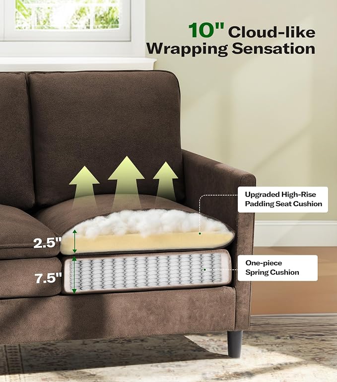 Welzona 3-Layers Cloud Loveseat Sofa, 51" Small Couch for Living Room, Bedroom - Tool-Free Assembly with Teddy Fabric Small Sofa - Brown - Futon Couch - Removable Washable Covers - 650lbs Capacity