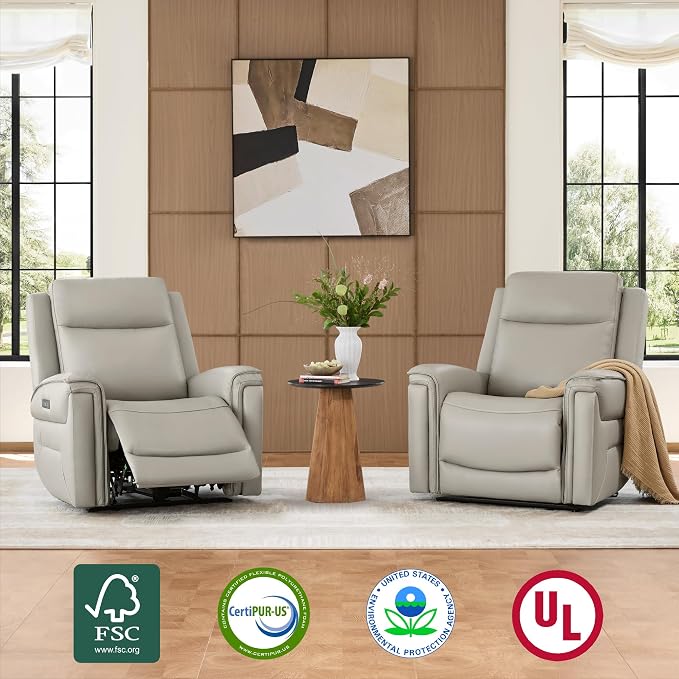 Watson & Whitely Super Zero Gravity Power Recliner Chair with Power Headrest, Genuine Leather Recliner with USB & Type-C Ports, Electric Reclining Sofa Chair for Living Room, Bedroom, Light Grey