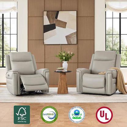 Watson & Whitely Super Zero Gravity Power Recliner Chair with Power Headrest, Genuine Leather Recliner with USB & Type-C Ports, Electric Reclining Sofa Chair for Living Room, Bedroom, Light Grey