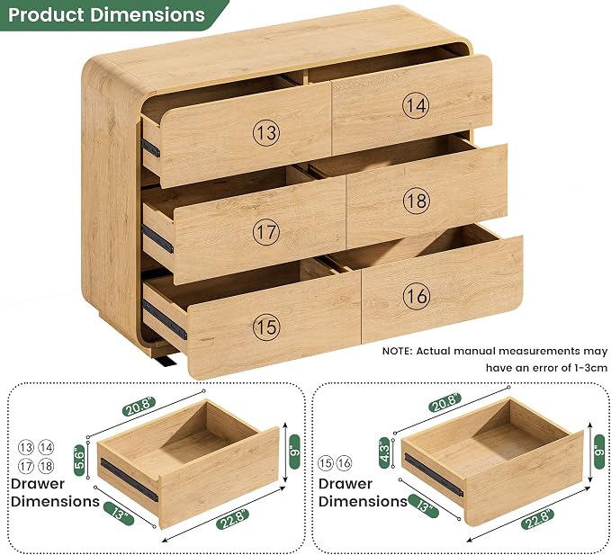 Standifurno 47’’ Wide Dresser for Bedroom, Double Dresser with 6 Drawers, Storage Drawer of handleless, Chest of Drawers for Closet & Living Room (Natural)
