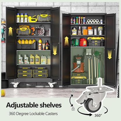 Metal Garage Storage Cabinet, 71”Tall Rolling Utility Cabinet Black | storage system with Wheels, Lock, 4 Adjustable Shelves, Heavy Duty Steel Tool Locker for Home Office, Utility Room, Gym