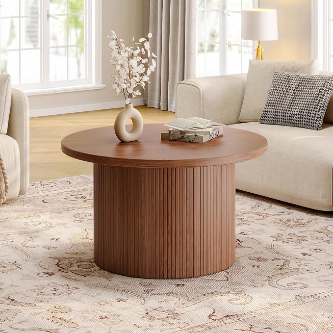 ONBRILL 31.5" Round Coffee Table, Tambour Design Coffee Tables for Living Room, Mid Century Modern Wood Coffee Table, Drum Accent Small Center Table, Walnut