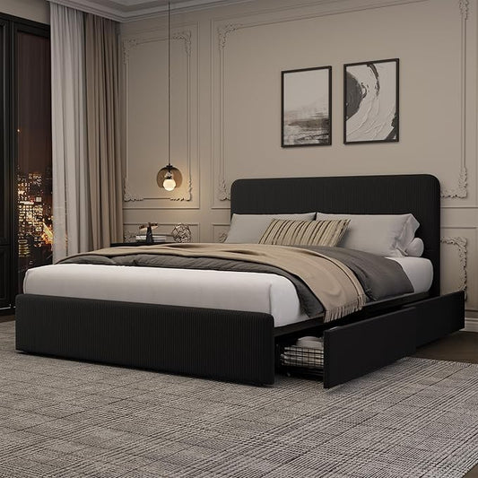 GarveeHome Modern Upholstered Platform Bed Frame with Headboard and Storage Drawers – Strong Wood Slat Support, No Box Spring Needed, Low Profile, Easy Assembly – Corduroy Black