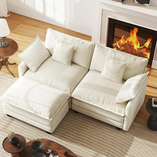 WorthFurni 77 Inch L Shape Cloud Sofa, Modular Sectional Couch with Ottoman, Comfy Chenille Deep Seat Loveseat with Pillow for Living Room Bedroom Apartment （Beige）