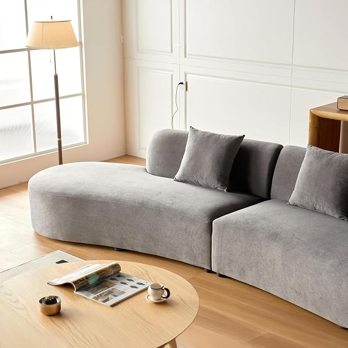 Container Furniture Direct 132" Curved Sofa with Throw Pillows, 6 Seater Luxury Velvet Couch with Half Moon Design and High-Density Foam, Ideal for Modern Living Room, Office & Apartment, Grey