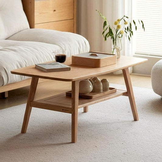 Small Coffee Table for Living Room, 2-Tier Mid Century Modern Small Tables with Shelf Storage, Storage Coffee Table with Rounded Corners (Solid Oak Wood Log Color, 31.5'' L)